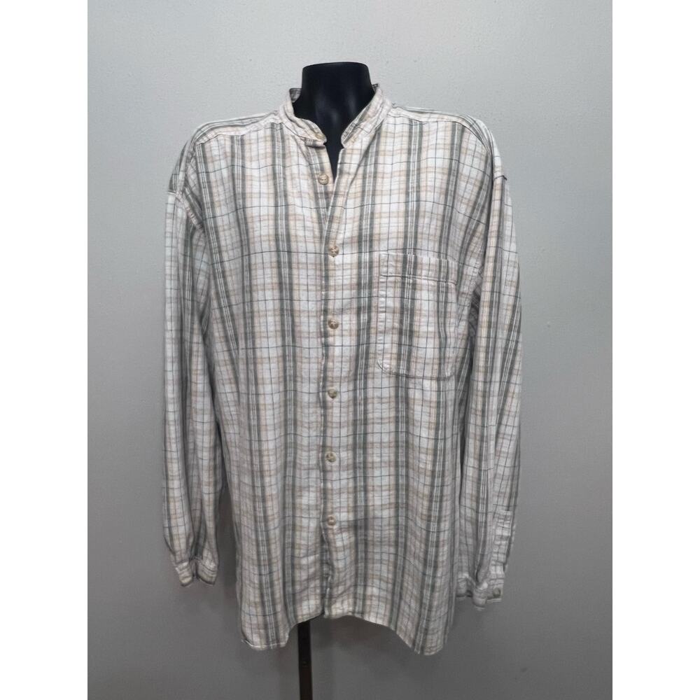 VTG 90s Creative Edge Linen Blend Button Up Mens XL Henley Collar Plaid Vacation